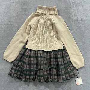 Happily Grey Sweater Dress Girls Medium Beige Knit Turtle Neck Plaid Tulle Skirt